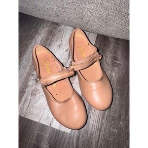 Kids Dance Class Tap Shoes Tan Mary Jane Strap Hook Loop Size Little
